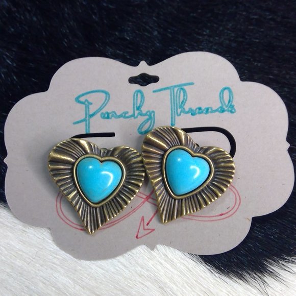 Heart Shape Faux Turquoise  Stone Western Cowboy / Cowgirl Earrings - Picture 1 of 1